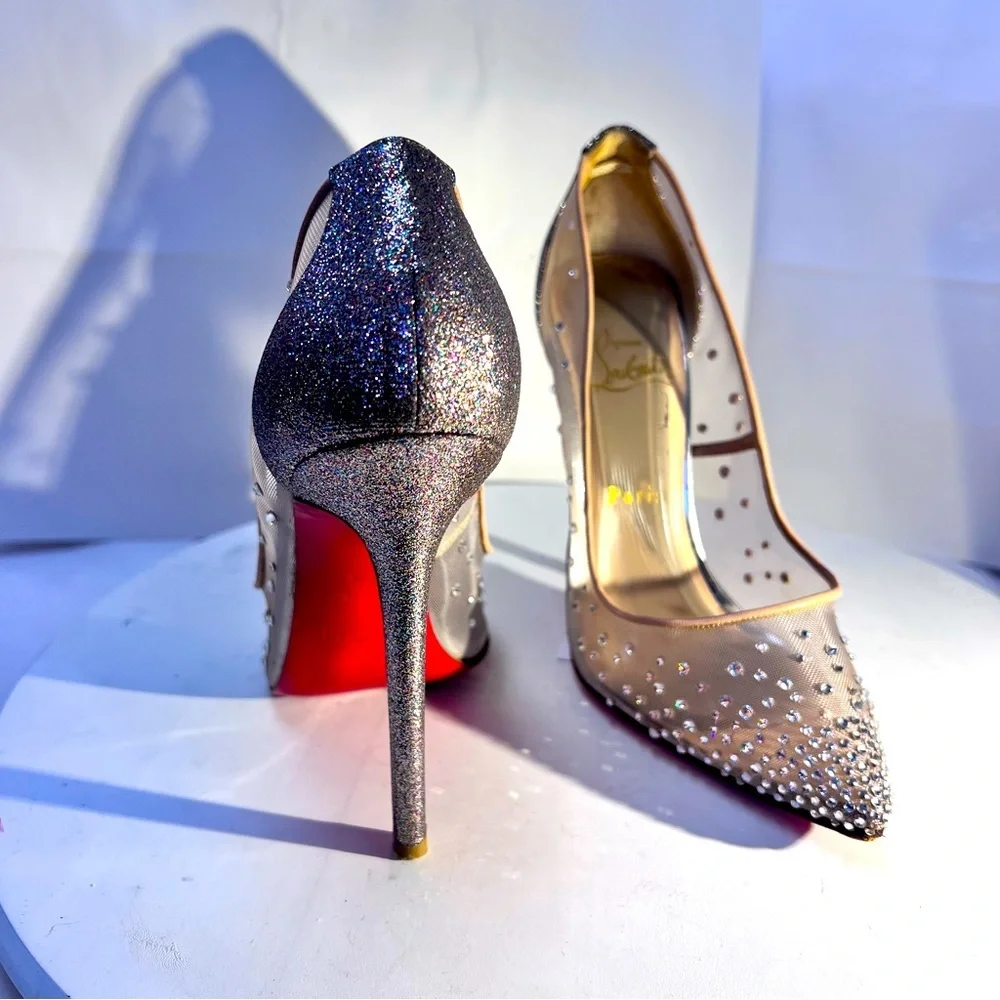 Christian Louboutin Follies Strass 100 Crystal Mesh Pumps Nude/Silver Glitter